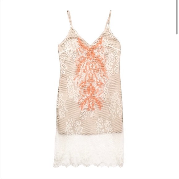 ASTR the Label Nude and Orange Lace Overlay V Neckline Slip Dress - Picture 2 of 14
